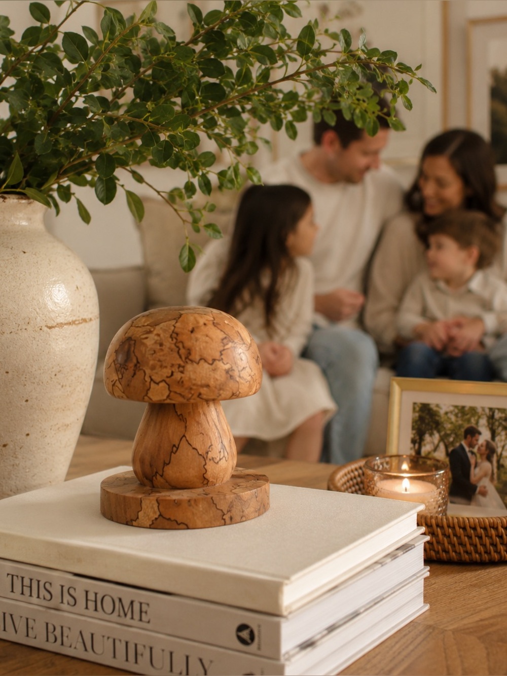 Hand-Carved Spalted Wood Decorative Mushroom - Natural Brown